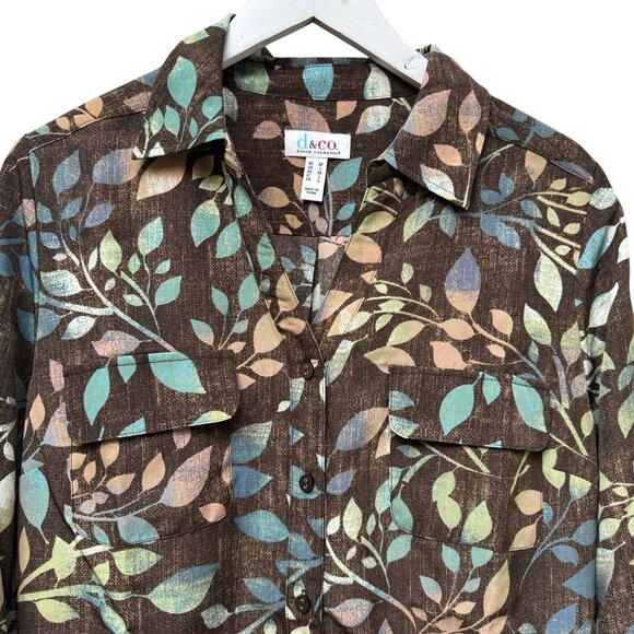 Denim & Co. Womens Top Medium Brown Leaf Print Button Up Shirt Long Sleeve NWOT - Picture 3 of 12